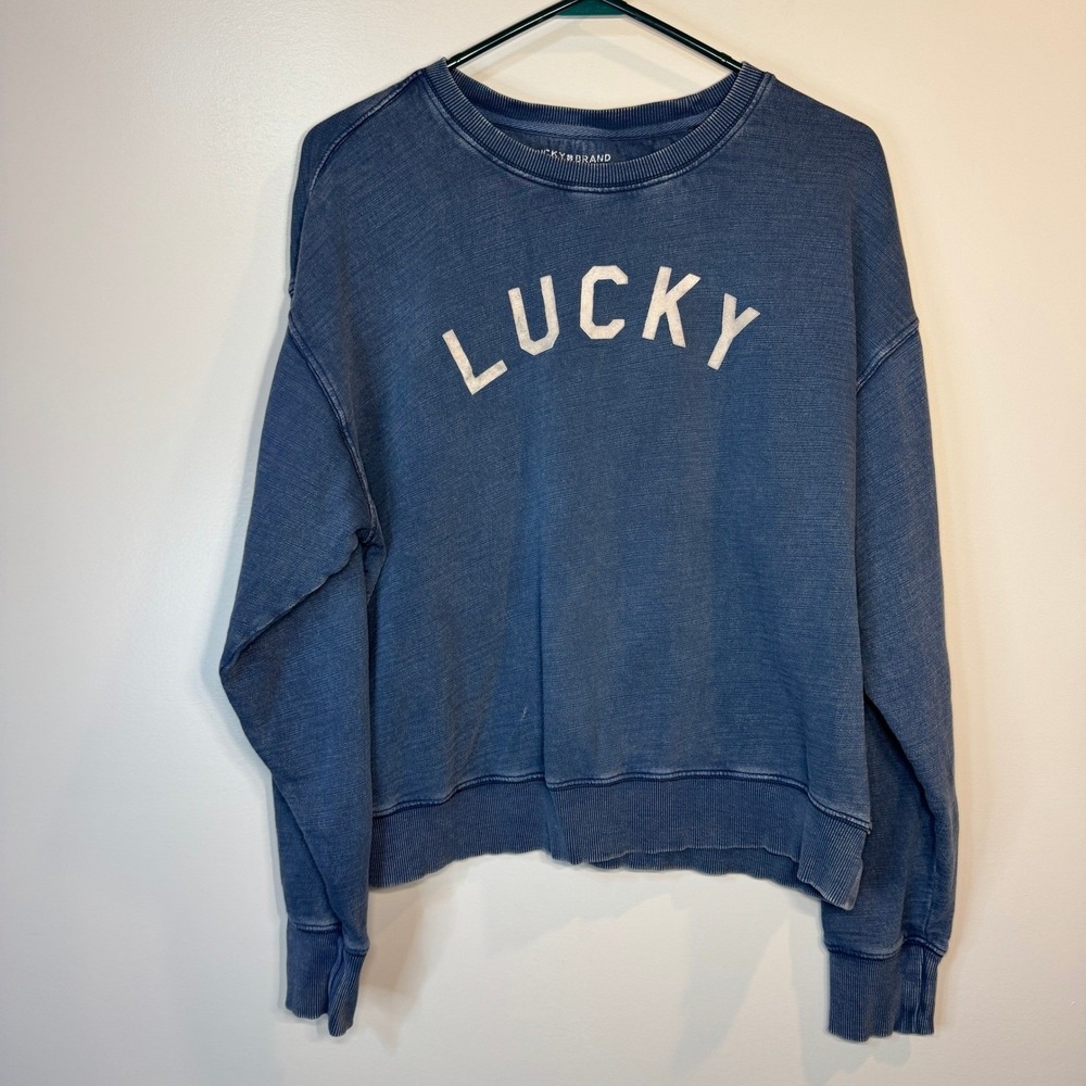 Lucky Brand Crewneck Sweatshirt Womens Med Distressed Washed‎ Blue Graphic Comfy